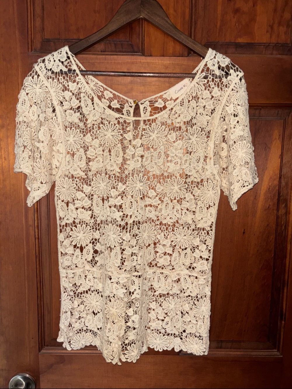 Floral Crochet Lace Short Sleeve Top - Cream